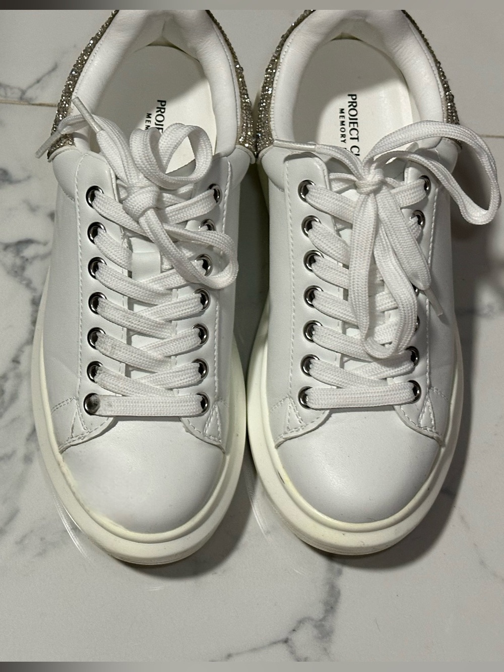 Project Cloud White Leather Sneakers with Silver Glitter Heel